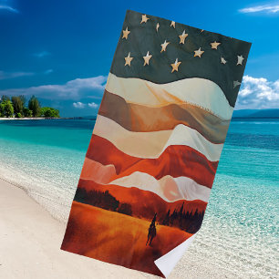 Toalha De Praia Cowboy Riding into USA Flag Stars Stripes Sunset