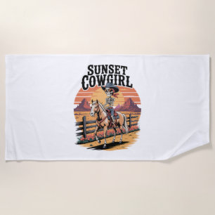 Toalha De Praia Cowgirl Sunset Skeleton Riding Horse