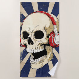 Toalha De Praia Crânio com Fones de Ouvido Arte Musical Retrô