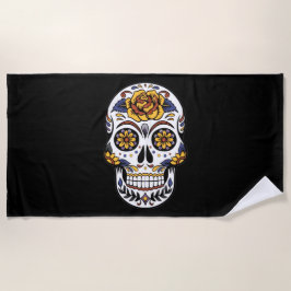Toalha De Praia Crânio de Rosa Amarelo em Preto