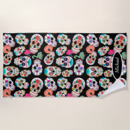 Toalha De Praia Crânios do açúcar de Boho no preto