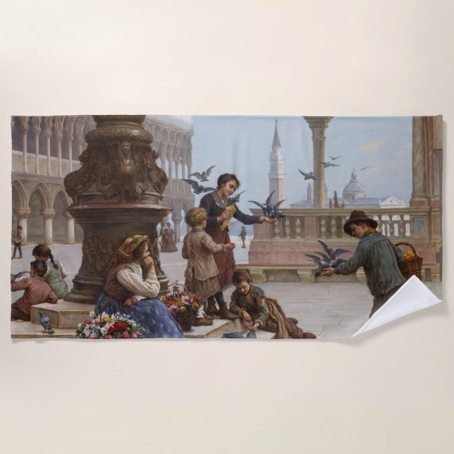 Toalha De Praia Crianças alimentando pombos em Veneza (por Paolett (Frente)