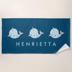 Toalha De Praia Crianças Cute Rainbow Narwhal Personalizadas