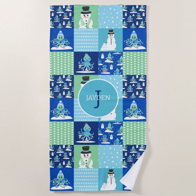 Toalha De Praia Crianças Octopus Winter Sports Patch Personalizado (Frente)