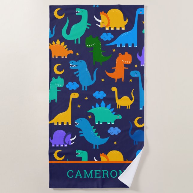 Toalha De Praia Crianças Personalizadas Dinossauros À Noite Azul L (Frente)
