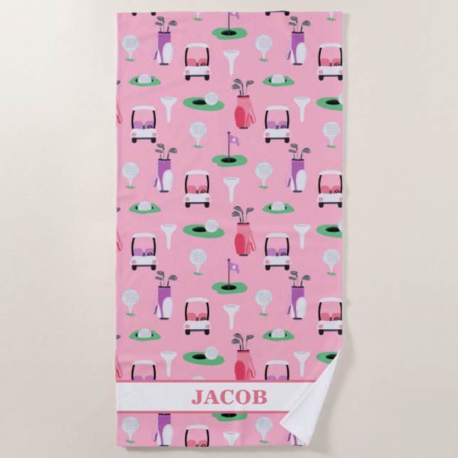 Toalha De Praia Crianças Personalizadas Golfer Golfcart Golfing (Frente)