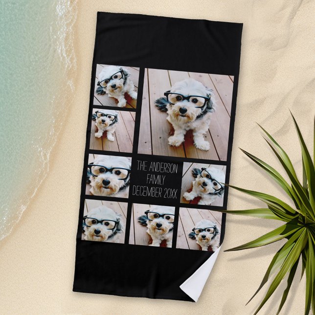 Toalha De Praia Criar uma Colagem de Fotos Personalizada com 8 Fot (Personalized Beach Towel with Photos and Text)