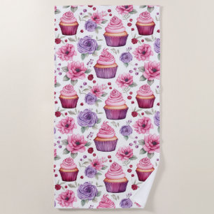 Toalha De Praia Cupcakes e flores, cor-de-água, rosa e roxas