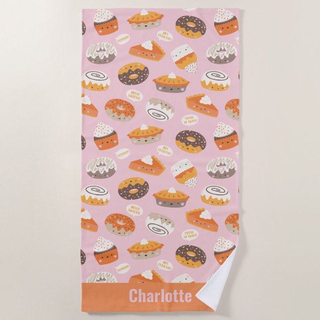 Toalha De Praia Cupcakes, tortas e rosquinhas, bonitos, com nome a (Frente)