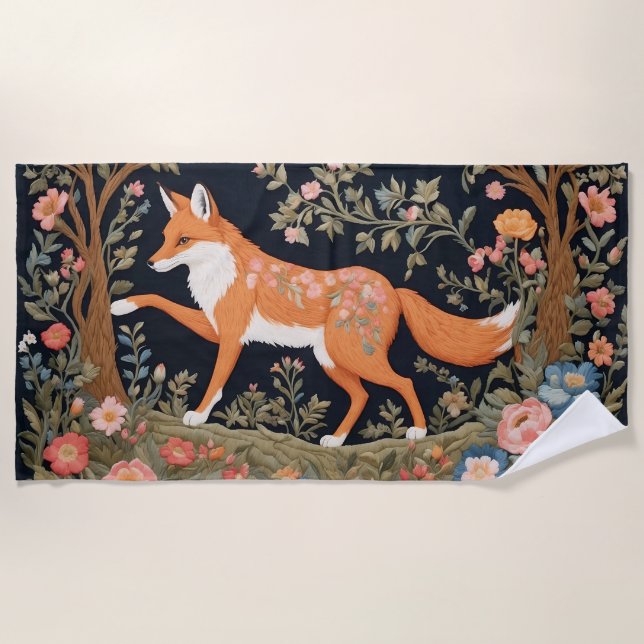 Toalha De Praia Curiosa Fox Faux Embroiderme Elegante Floral (Frente)