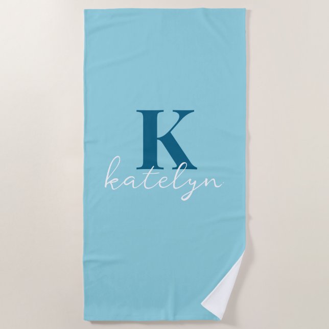 Toalha De Praia Custom Name Blue White Minimal Beach Towel (Frente)