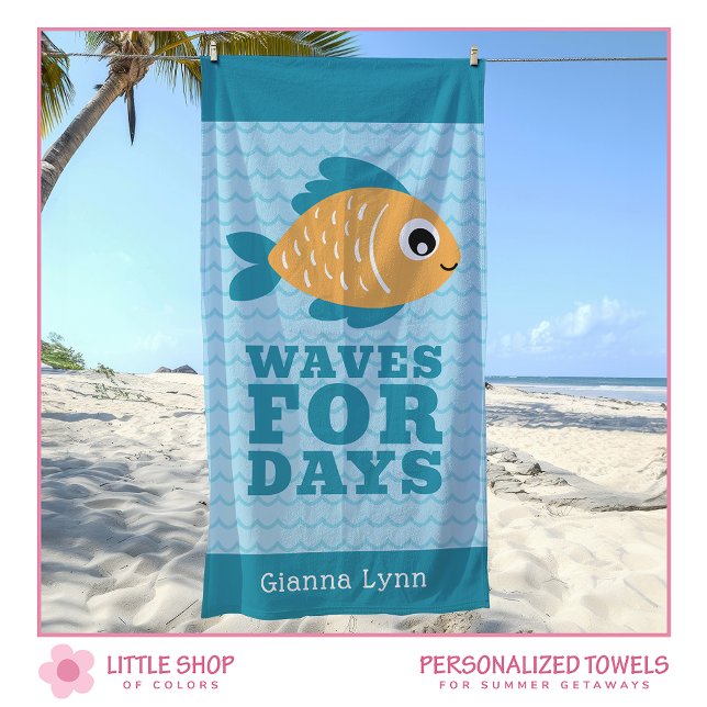 Toalha De Praia Cute Fish Waves for Days Personalized Kids (Criador carregado)