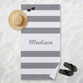 Toalha De Praia Cute Listras Cinzas e Brancas Personalizadas