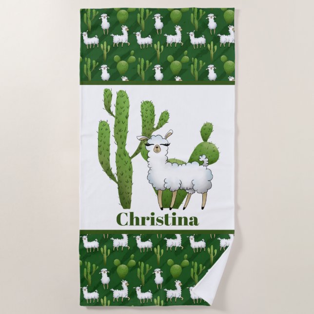 Toalha De Praia Cute Llama amantes adiciona nome (Frente)