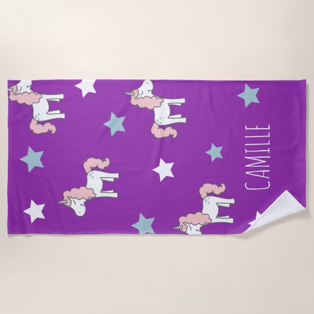 Toalha De Praia Cute Pink Magical Unicorn Purple Girls Purple (Frente)