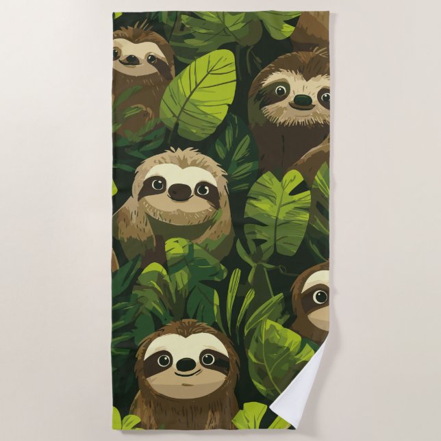Toalha De Praia Cute Sloth Jungle Pattern – Green Leaf Design (Frente)
