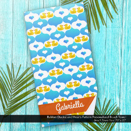 Toalha De Praia Cute Yellow Duck and Hearts Pattern Personalized