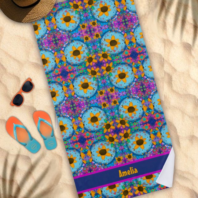Toalha De Praia Daisy Floral Blue Custom Name Trendy (Criador carregado)