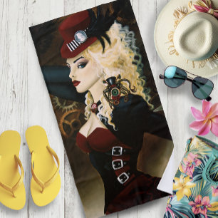 Toalha De Praia Dama Elegante Relógio Vermelho Steampunk Vitoriano