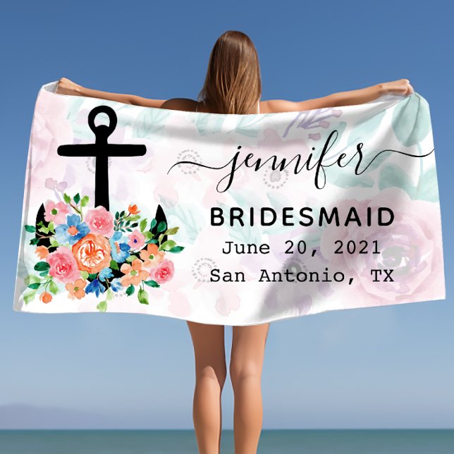 Toalha De Praia Damas de Honra Âncora Floral Personalizada (Personalized Floral Anchor Bachelorette Bridesmaid Beach Towel)