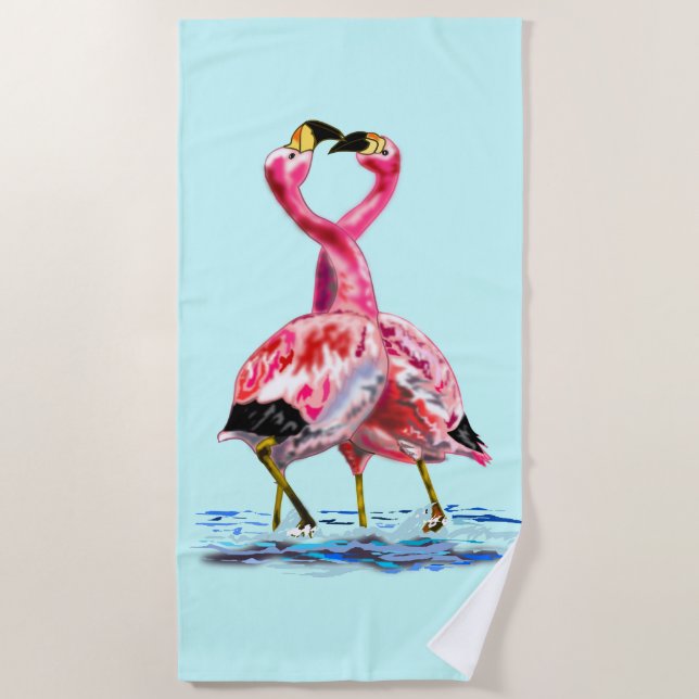 Toalha De Praia Dança Romântica de Amor com Flamingos - Pintura (Frente)
