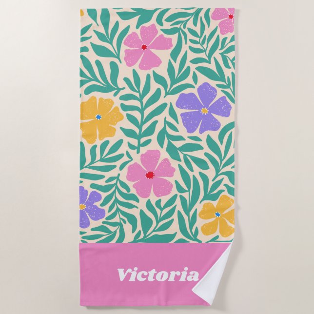 Toalha de Praia de Flores Personalizada | 70s Boho (Frente)
