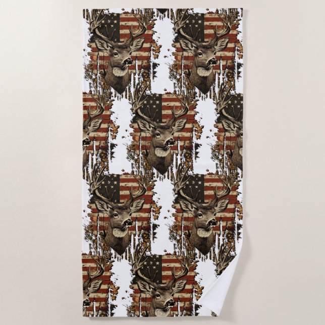 Toalha De Praia Deer, Buck Season USA Flag (Frente)