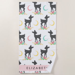 Toalha De Praia Deer Pattern, Baby Deer, Boho, Flores, Seu Nome