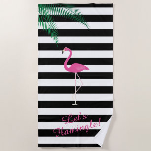 Toalha De Praia Deixe-nos flamingo listrado preto & branco de