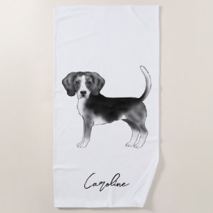Toalha De Praia Desenho de Beagle em Preto e Branco com Nome