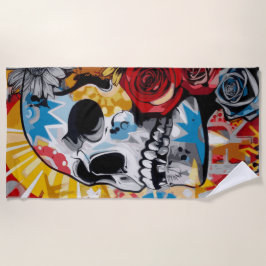 Toalha De Praia Desenho de Rua Floral de Caveira Colorida em Pop A