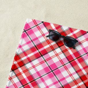 Toalha De Praia Desenho Xadrez Escocês Branco Vermelho Rosa