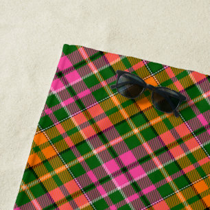 Toalha De Praia Desenho Xadrez Escocês Plaid Verde Rosa Laranja