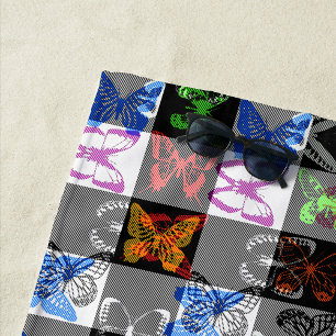 Toalha De Praia Desenho Xadrez Tartã Plaid Borboleta Colorida