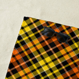 Toalha De Praia Desenho Xadrez Tartan Preto Amarelo Laranja