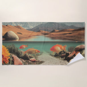 Toalha De Praia Deserto e Lago Surreal com Peixes Dourados