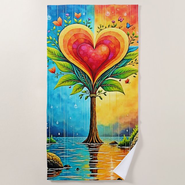 Toalha De Praia Design da árvore do amor e da vida (Frente)