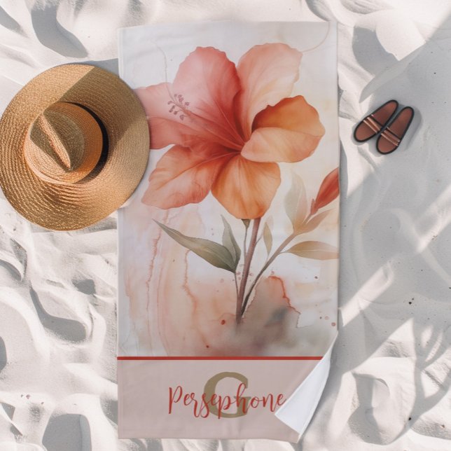 Toalha De Praia Design de Flor de Hibiscus com Monograma Elegante (Criador carregado)
