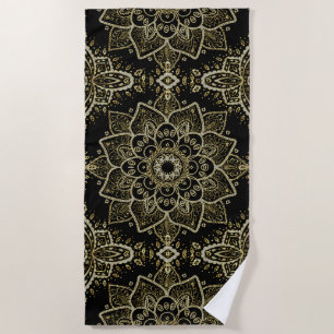 Toalha De Praia Design de Mandala Preto e Dourado