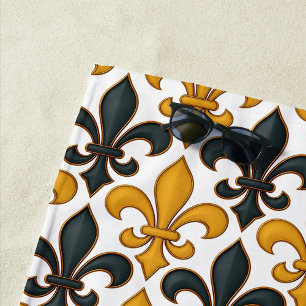 Toalha De Praia Design de padrão do barroco negro amarelo Fleur-de