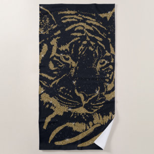 Toalha De Praia Design preto Dourado Tigre