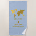 Toalha De Praia Destination Wedding World Passport Blue Gold<br><div class="desc">A dusty blue and gold destination wedding passport design with gold world map, airplane and travel elements. This design is ideal for all Spring, Summer, Fall and Winter destination weddings. An elegant dusty blue and gold wedding travel design with passport layout, world map and custom couple photo. A modern destination...</div>