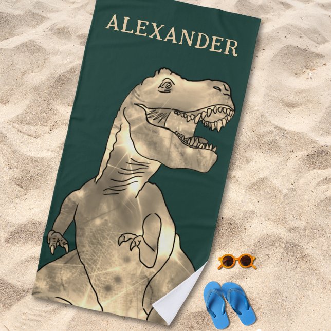 Toalha De Praia Dinossauro de Nome de Menino Personalizado (T-Rex dinosaur boys custom name beach towel for dino lovers)