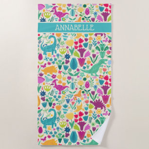 Toalha De Praia Dinossauro Floral Silhouettes Lindas Meninas