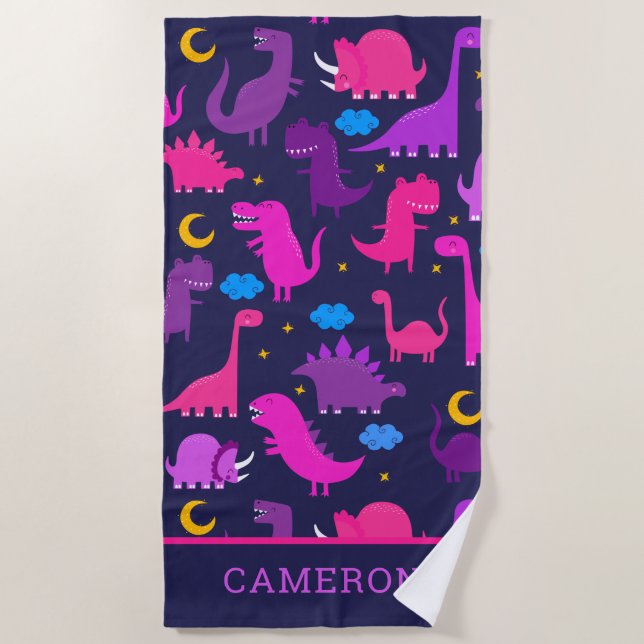 Toalha De Praia Dinossauros À Noite, Raparigas Roxas, Personalizad (Frente)