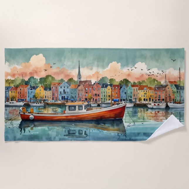 Toalha De Praia Docking Boats Beach Towel (Frente)