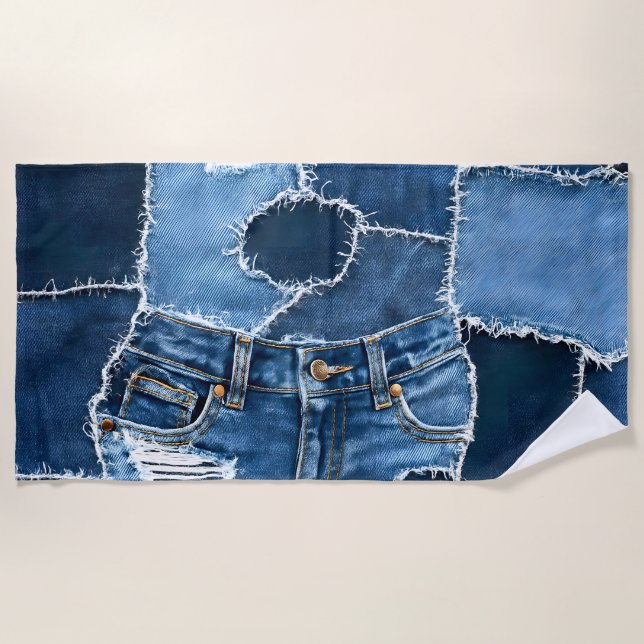 Toalha De Praia Dog Patchwork Art Denim (Frente)