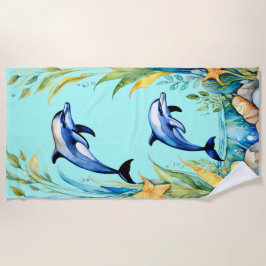 Toalha De Praia Dois Golfinhos Água Tropical Aquarela Oceano
