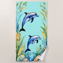 Toalha De Praia Dois Golfinhos Água Tropical Aquarela Oceano