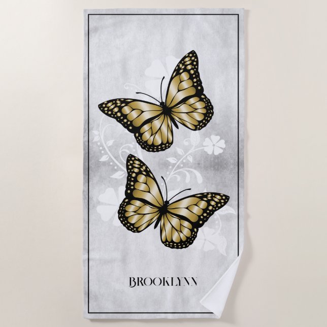 Toalha De Praia Dourada Borboleta Floral Beach Towel (Frente)